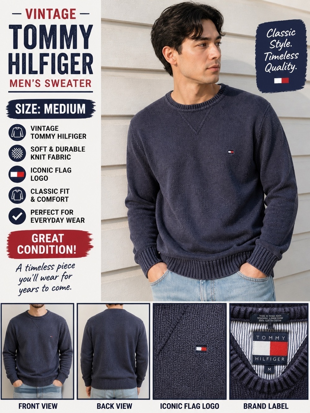 VINTAGE Tommy Hilfiger Men's navy blue Sweater MEDIUM